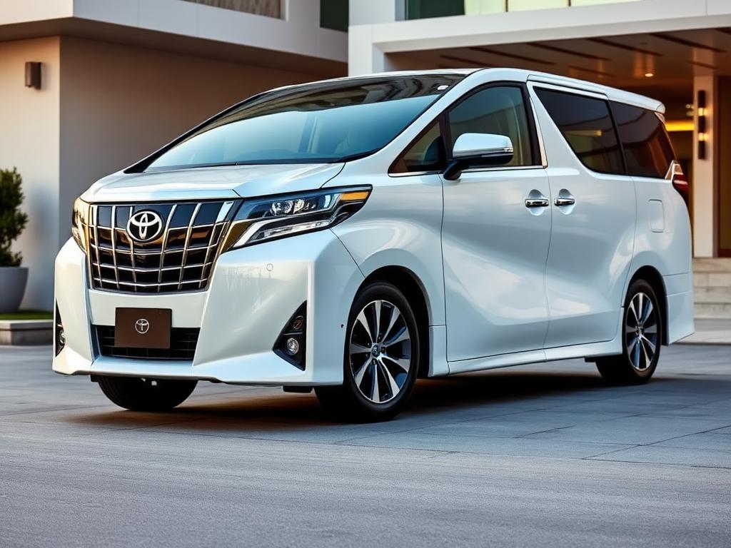 Front view of a pearl white Toyota Alphard luxury MPV