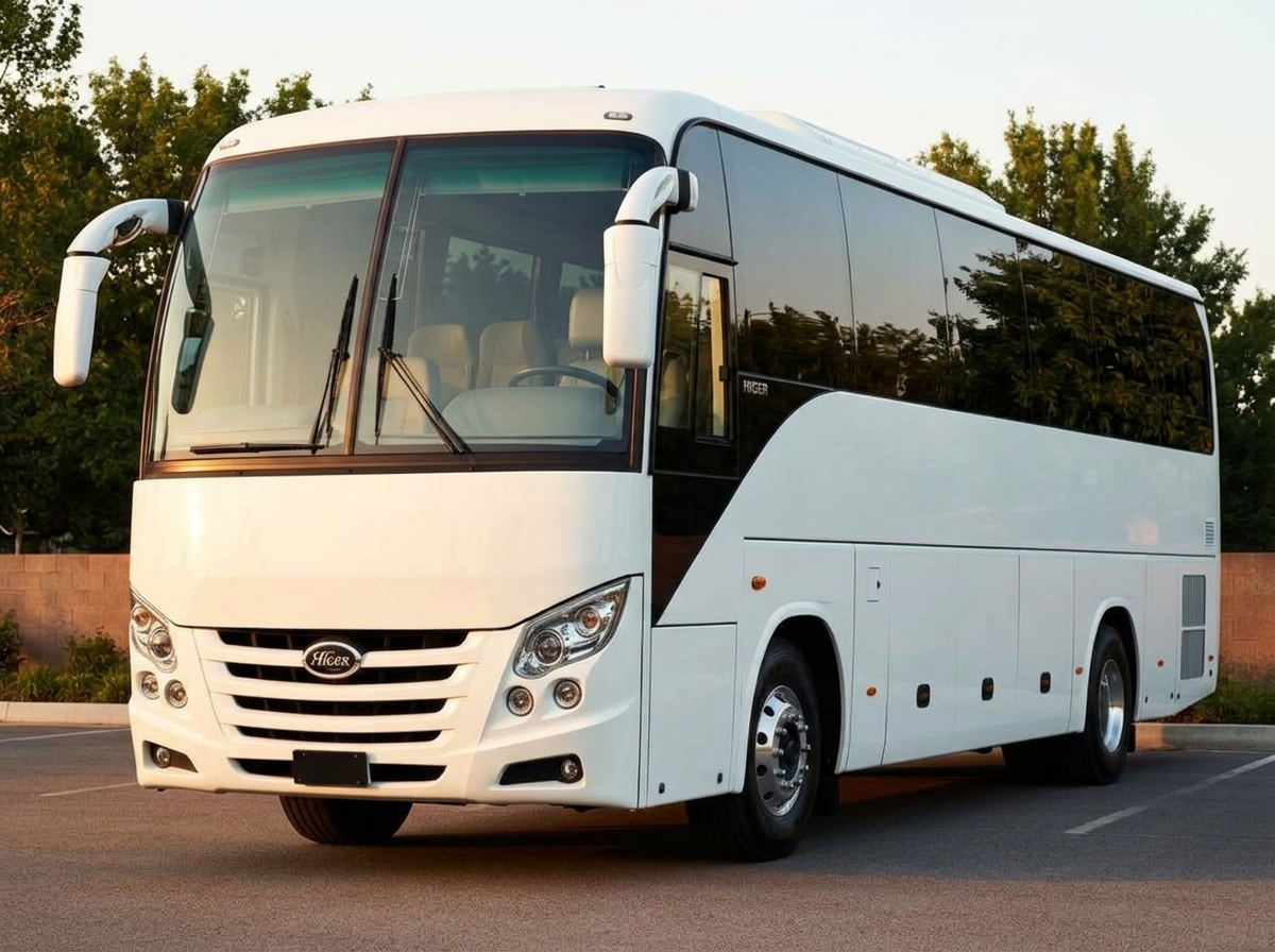 Front view of a white luxury coach bus
