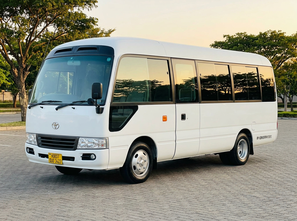 Three-quarter view of a Toyota Coaster minibus